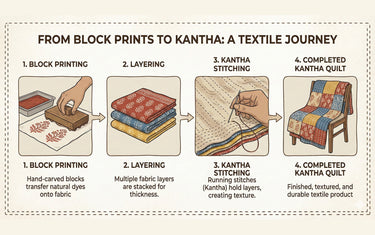 Handmade Fabric, Block Printed to Kantha