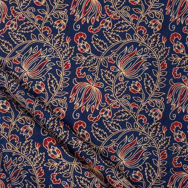 Ajrakh Print Floral Block Blue Cotton Fabric Online