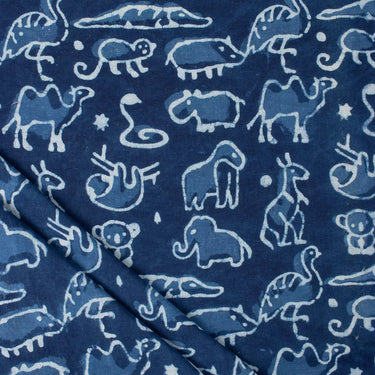 Animal Block Print Pure Cotton Indigo Fabric for Clothing
