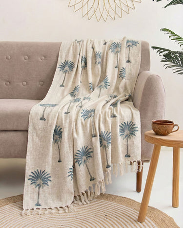 Blue Hand Block Palm Printed Sofa Throw Blanket