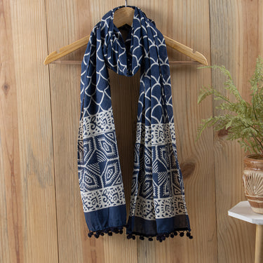 Blue Hand Block Print Cotton Stoles For Ladies