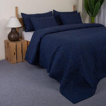 Blue Handmade Solid Kantha Quilt For Winter