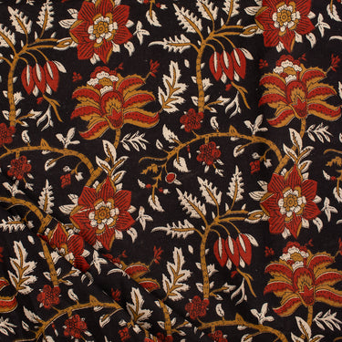 Brown Floral Bagru Hand Block Printed Running Fabric