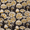 Pattern of stylized mushrooms with yellow and white colors on a black background