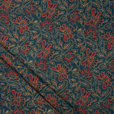 Hand Block Green Floral Print Ajrakh Soft Cotton Fabric