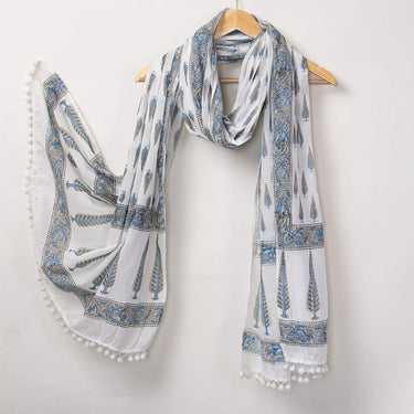 Hand Block Printed Gray Leaf Pure Cotton Dupatta for Girls