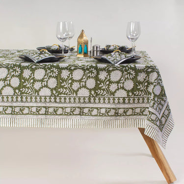 Handmade Green Floral Print Cotton Table Cover Design