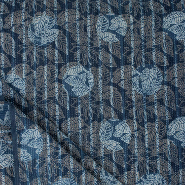 Indigo Blue Floral Hand Block Printed Cotton Kantha Fabric