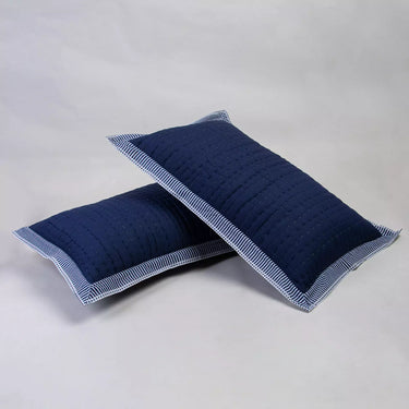 Indigo Blue Stripe Border Quilted Cotton Kantha Pillow Cover