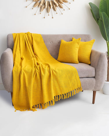 Mustard Yellow Plain Sofa Throw Blanket with Two Cushion Cover - Useful Gift Iteam for Home