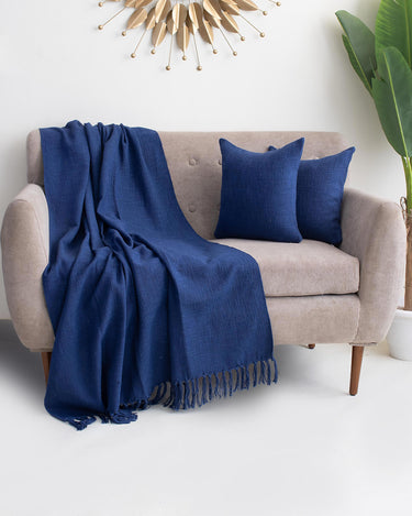 Plain Blue Sofa Throw Blanket with 2 Cushion Cover - Gift for Home Use