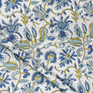 Premium Blue Floral Hand Block Printed Cotton Fabric