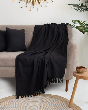 Premium Soft Black Cotton Plain Sofa Throw with Two Cushion Cover - Weddings Gifts for Couples