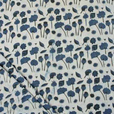 Blue Floral Block Indigo Print Fabric for Women’s Clothing