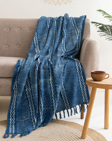 Blue Hand Block Wave Print Cotton Throws For Sofas