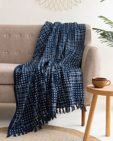 Blue Geometrical Hand Block Throw For Home Decor