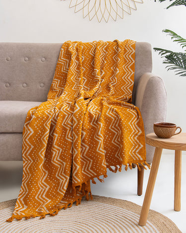 Mustard Yellow Block Print Cotton Throws Online