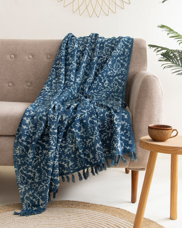 Blue Floral Handmade Hand Block Print Throw Blanket