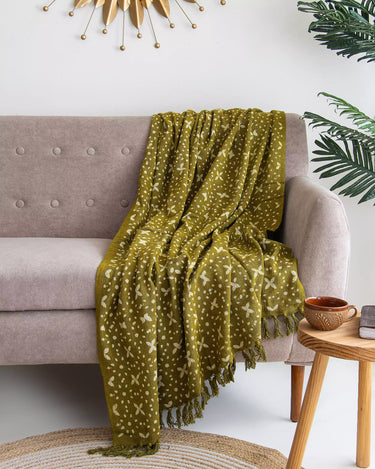 Green Floral Block Print Handcrafted Sofa Throw