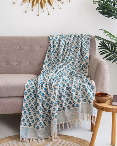 Blue Hand Block Floral Print Cotton Throws For Sofas