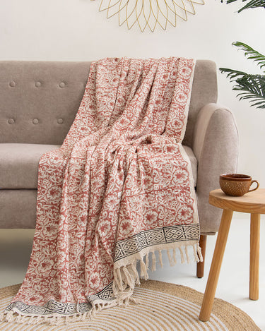 Brown Hand Block Floral Print Cotton 3 Seater Sofa Throws
