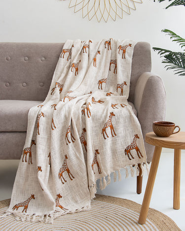 Brown Giraffe Block Print Cotton Hand Sofa Throw
