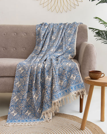 Blue Geometrical Print Hand Block Throw Blankets