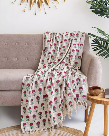 Red Rose Floral Print Hand Block Sofa Throw Blankets