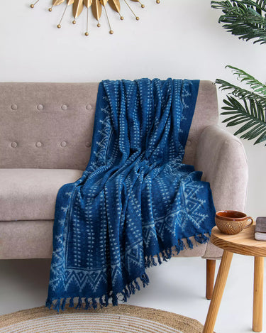 Blue Hand Block Stripes Print Cotton Handmade Sofa Throw
