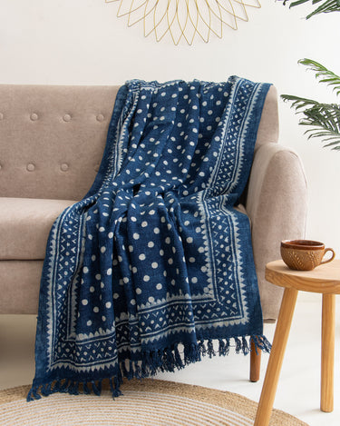 Blue Hand Block Polka Dots Print Cotton Throws for Sofas