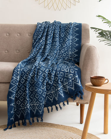 Blue Geometrical Print Cotton Couch Throws