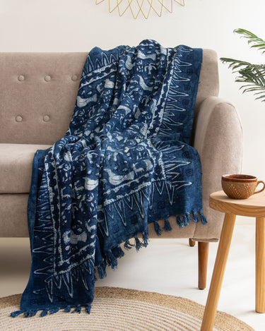 Blue Bird Print Cotton 3-Seater Sofa Throws Online