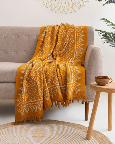 Orange Geometrical Block Print Cotton Bed Throw Blanket