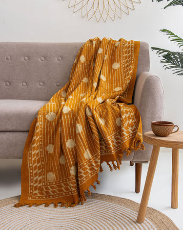 Orange Polka Dots Hand Block Print Sofa Throw Blanket Online