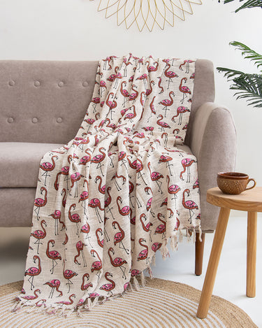 Pink Herons Birds Print Decor Cotton Block Print Throw Blanket
