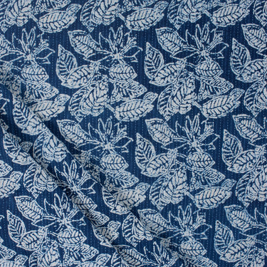 Indigo Blue Leaf Print Pure Cotton Kantha Fabric Online Dmaasa