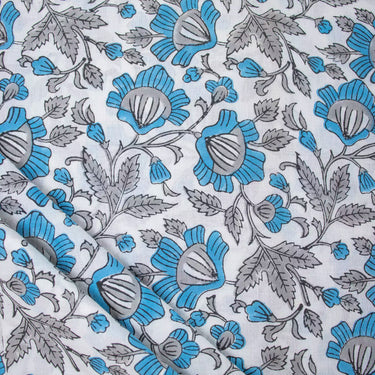 Soft Blue Floral Jaipur Hand Block Printed Cotton Fabric
