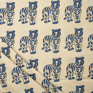 Tiger Hand Block Blue Soft Bagru Fabric