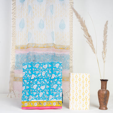 Blue Leaf Print Unstitched Suits Cotton Set Organza Dupatta Online