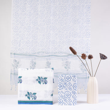 Floral Block Printed Pure Organza Dupatta With Cotton Suit Set