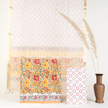 Yellow Traditional Print Organza Dupatta with Cotton Suits Online