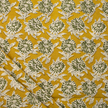 Yellow Floral Cotton Bagru Block Print Fabric