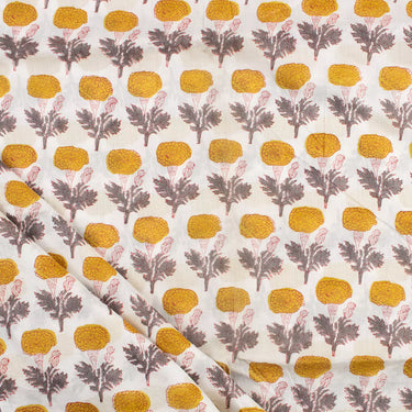 Yellow Floral Hand Block Printed Pure Cotton Fabric