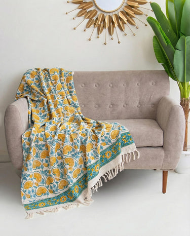 Yellow Floral Printed Cotton Sofa Throw Blanket fo Home Decor
