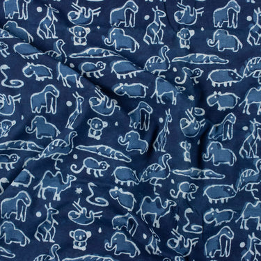 Animal Block Print Pure Cotton Indigo Fabric for Clothing