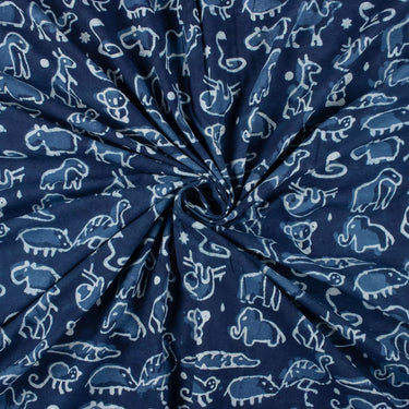 Animal Block Print Pure Cotton Indigo Fabric for Clothing