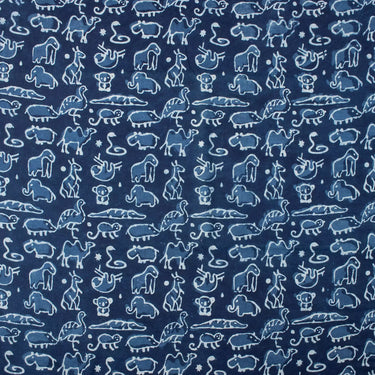 Animal Block Print Pure Cotton Indigo Fabric for Clothing