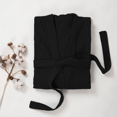 Black Waffle Bathrobe with Belt