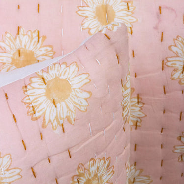 Beautiful Pink Floral Cotton Kantha Quilted Pillow Cover