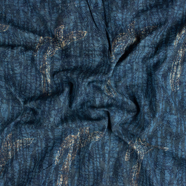 Bird Hand Block Printed Indigo Cotton Fabric for Clothing